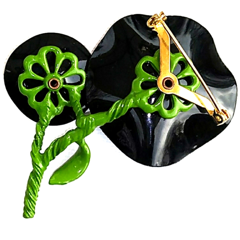 MCM VINTAGE NWOT Black/Green Mod Floral Brooch Pin - Picture 4 of 8